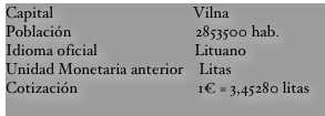 Capital                                    Vilna
Población                                2853500 hab.
Idioma oficial                         Lituano
Unidad Monetaria anterior    Litas
Cotización                               1€ = 3,45280 litas
                                                 